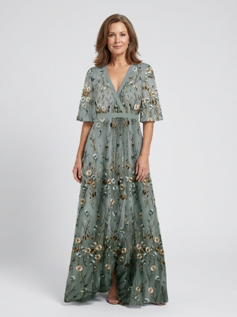 Camille | Robe longue fleurie à col V et manches courtes