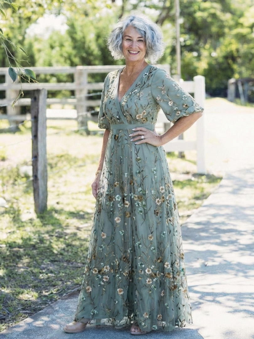 Camille | Robe longue fleurie à col V et manches courtes